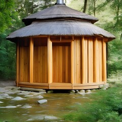 Round sauna in a forest. Illustration generated ai