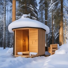 Wooden finnish sauna in a winter forest. Illustration generated ai