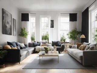 Living room interior with high windows, curtains and sofas. Photorealistic illustration generated ai