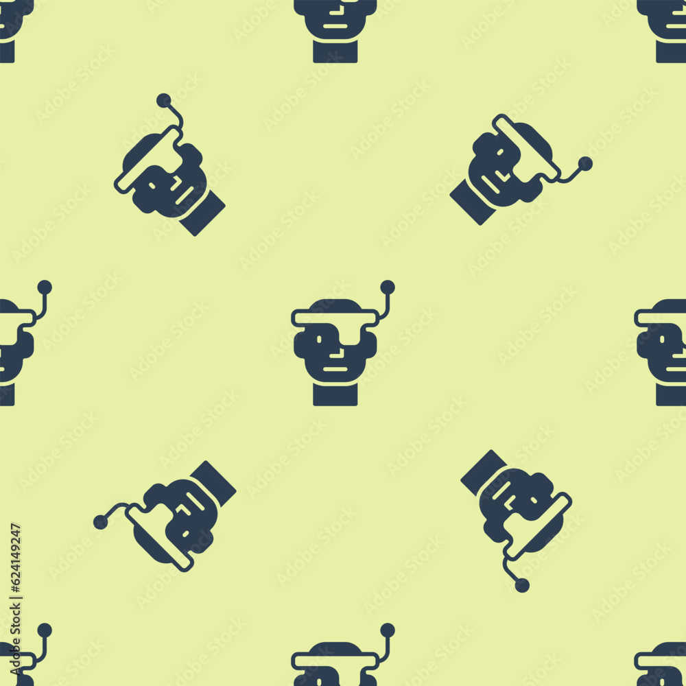 Poster blue smart glasses mounted on spectacles icon isolated seamless pattern on yellow background. wearab