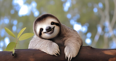 Smiling sloth animal lying on the branch in the jungle.
