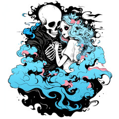Undead couple lovers skeleton boy and zombie girl surrounded by magical blue smoke clouds isolated transparent illustration - Generative AI
