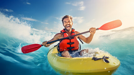 Happy and excited man riding small boat through the waves