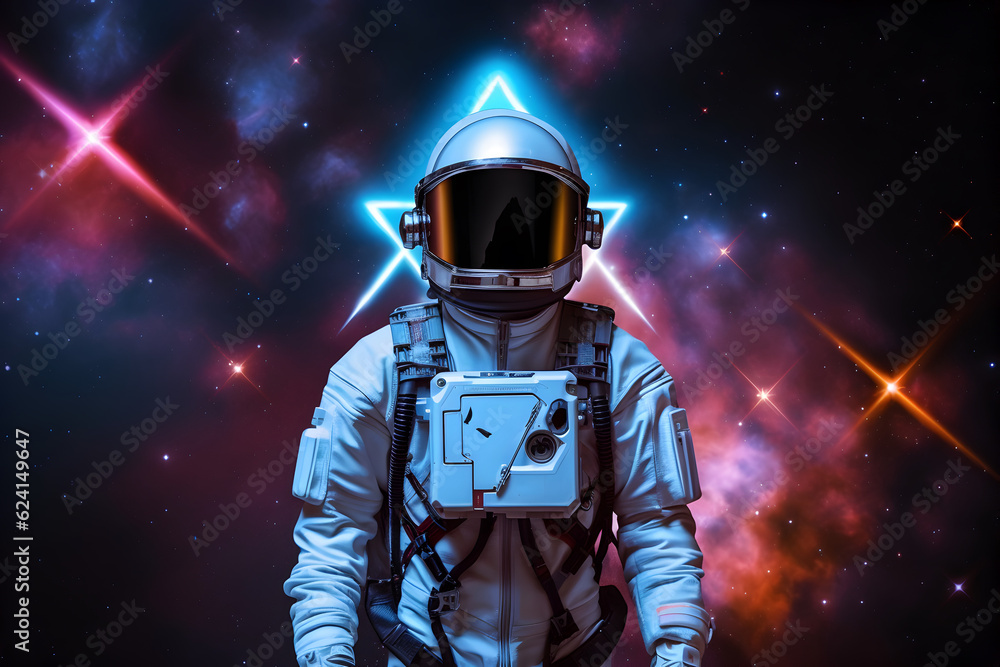Wall mural spaceman or astronaut with triangular shape neon lights. ai generated.