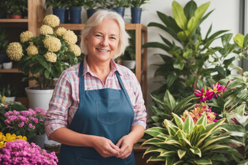 Portrait of a smiling happy senior scandinavian woman is working in a small flower shop at early morning. Concept of biophilia lifestyle. Generative AI