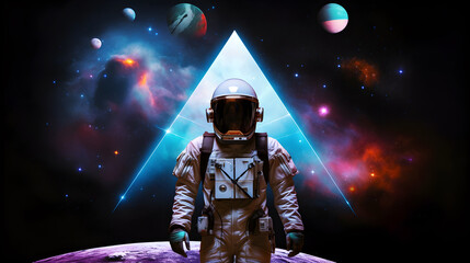 Fototapeta premium Spaceman or astronaut with triangular shape neon lights. AI generated.