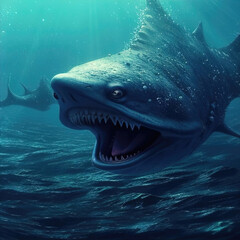 Giant shark like sea monster, deep in the water, terrifying  alien from another world. massive teeth. 