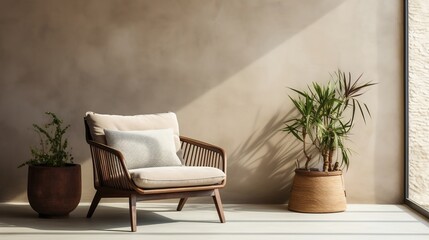 Lounge chair against window near beige stucco wall interior design of modern living room generative ai