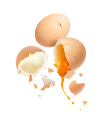 Yolk is pouring out from a chicken egg broken into two halves isolated on a white background