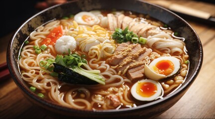 ramen noodles with egg, pork and vegetables