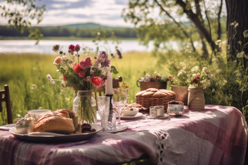 Ländliches Frühstück im Grünen in der Natur