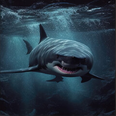 Great white shark angry looking  in the deep blue ocean. Beautiful grey and white colour,aerated water .