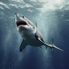 Obraz premium Great white shark in the deep blue ocean. Beautiful grey and white colour. aerated water .