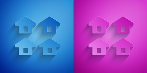 Paper cut House icon isolated on blue and purple background. Real estate agency or cottage town elite class. Paper art style. Vector