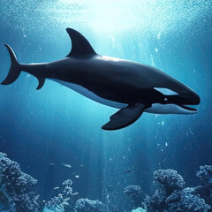 Obraz premium Killer whale in the deep blue ocean. Beautiful black and white colour. 