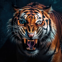 Tiger portrait. Very angry tiger face close-up. Head front view black green forest background.