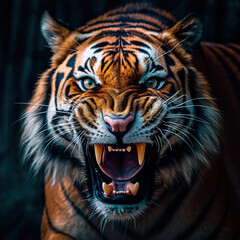 Obraz premium Tiger portrait. Very angry tiger face close-up. Head front view black green forest background.