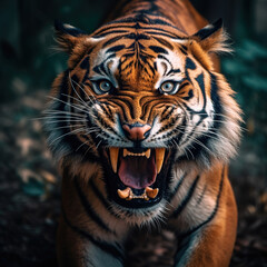 Fototapeta premium Tiger portrait. Very angry tiger face close-up. Head front view black green forest background.