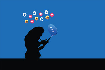 Facebook online messaging service logo on a smartphone. Silhouette of girl holding phone while using Facebook.