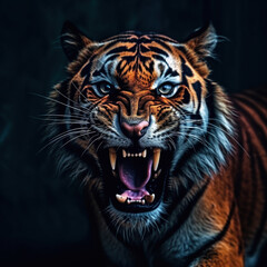 Fototapeta premium Tiger portrait. Very angry tiger face close-up. Head front view black background.