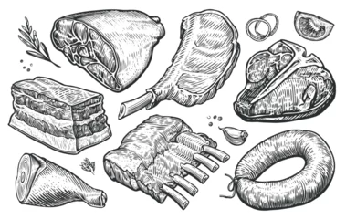 Fotobehang Fresh raw meat products. Sketch engraved style. Hand drawn vector illustration for butcher shop or restaurant menu © ~ Bitter ~