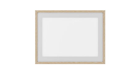 Empty blank picture poster in wooden frame hanging on white concrete wall, mock-up. 3D render.