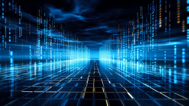 High-speed binary code in data center background