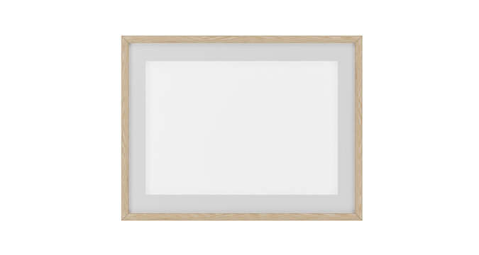 Empty blank picture poster in wooden frame hanging on white concrete wall, mock-up. 3D render.
