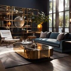 Interior design of modern living room with golden coffee table near gray sofa and armchairs generative ai