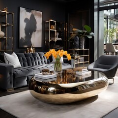 Interior design of modern living room with golden coffee table near gray sofa and armchairs generative ai