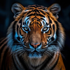 Tiger portrait beautiful face close-up. Head front view black background.,