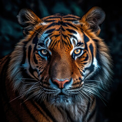 Tiger quiet beautiful face close-up. Head front view portrait grey black background.,