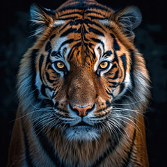 Tiger quiet face close-up. Head front view portrait grey black background.,