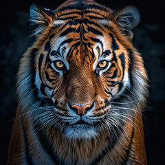 Fototapeta premium Tiger quiet face close-up. Head front view portrait grey black background.,