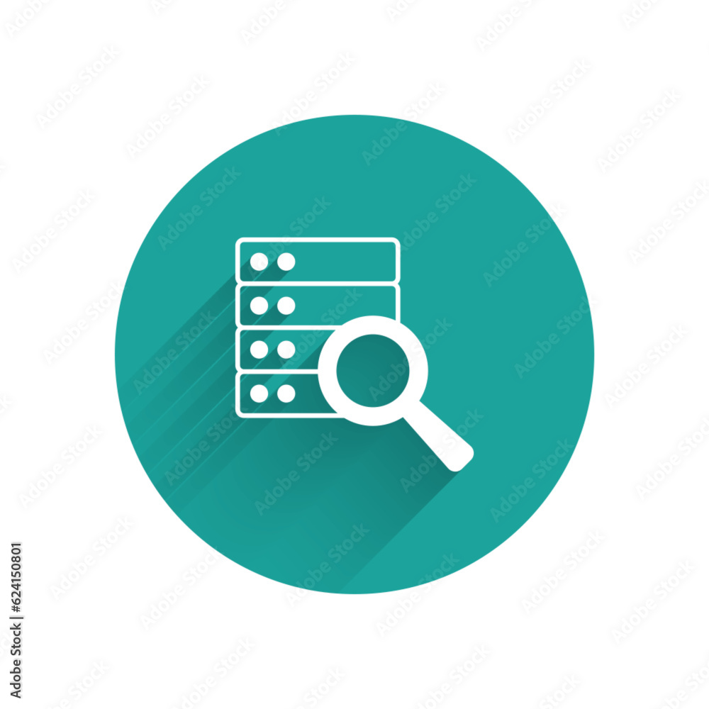 Poster white server, data, web hosting icon isolated with long shadow background. green circle button. vect