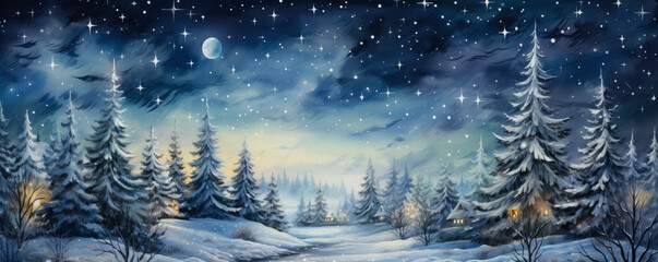 Magical forest with christmas trees and glowing lights, watercolor, background 