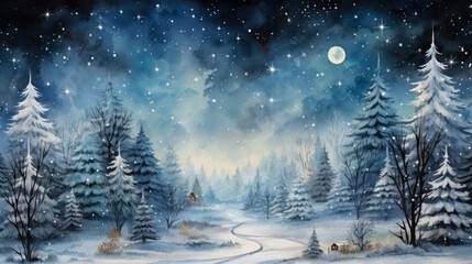 Fototapeta na wymiar Magical forest with christmas trees and glowing lights, watercolor, background 
