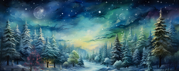 Magical forest with christmas trees and glowing lights, watercolor, background 