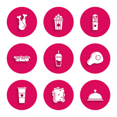 Set Glass of lemonade with drinking straw, Sandwich, Covered tray food, Scrambled eggs, Paper glass water, Hotdog sandwich mustard, Doner kebab and Chicken leg icon. Vector