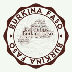 Burkina Faso logo. Beautiful country badge with word cloud in shape of Burkina Faso. Round emblem with country name. Charming vector illustration.