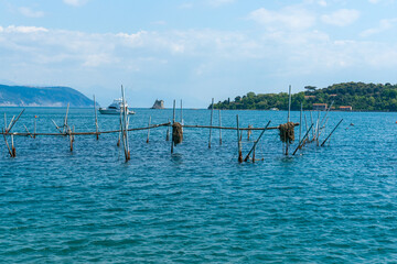 Scenic bay in Portovenere with stick structure of traditional mussel cultivation in water