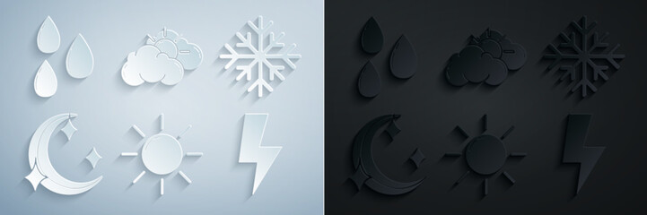 Set Sun, Snowflake, Moon and stars, Lightning bolt, cloud weather and Water drop icon. Vector