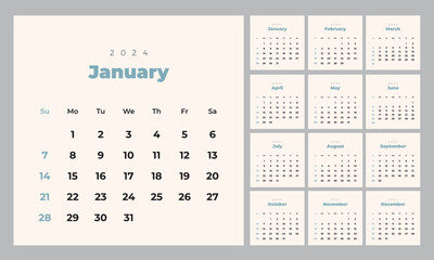 Minimalist style monthly calendar template for 2024 year. English calendar. Week starts on Sunday. Set of 12 months. Simple design with big letters, typographic elements. Square composition - obrazy, fototapety, plakaty