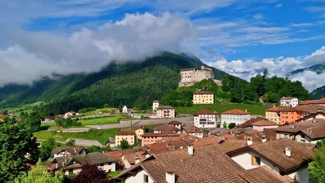 medieval castles of northern Italy. Castle Stenico and picturesque village. Trentino region, province of Trento. 