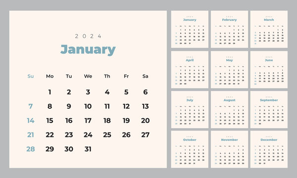 Minimalist style monthly calendar template for 2024 year. English calendar. Week starts on Sunday. Set of 12 months. Simple design with big letters, typographic elements. Square composition