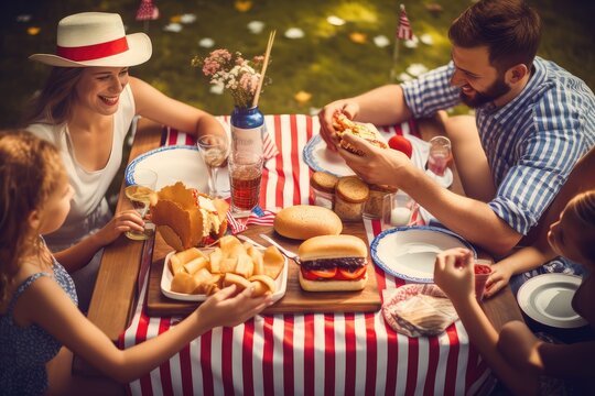 Young Family Celebrating 4th July, Picnicking Traditional Lunch. Photo Generative AI