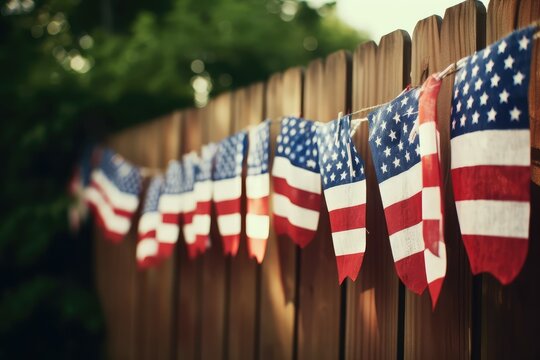 American flag backdrop with bunting on fence for Labor Day. Photo generative AI