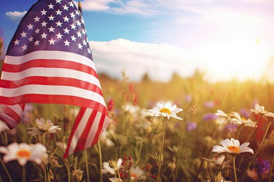 American flag in outdoor nature with wildflower meadow for Labor Day. Photo generative AI
