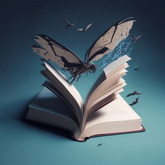 an open book with bookmark flying out of it. Generative AI.