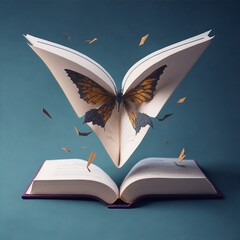 an open book with bookmark flying out of it. Generative AI.